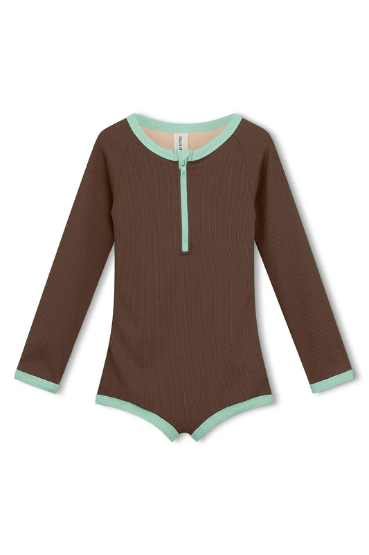 MINI RIB RASHIE ONESIE - CACAO